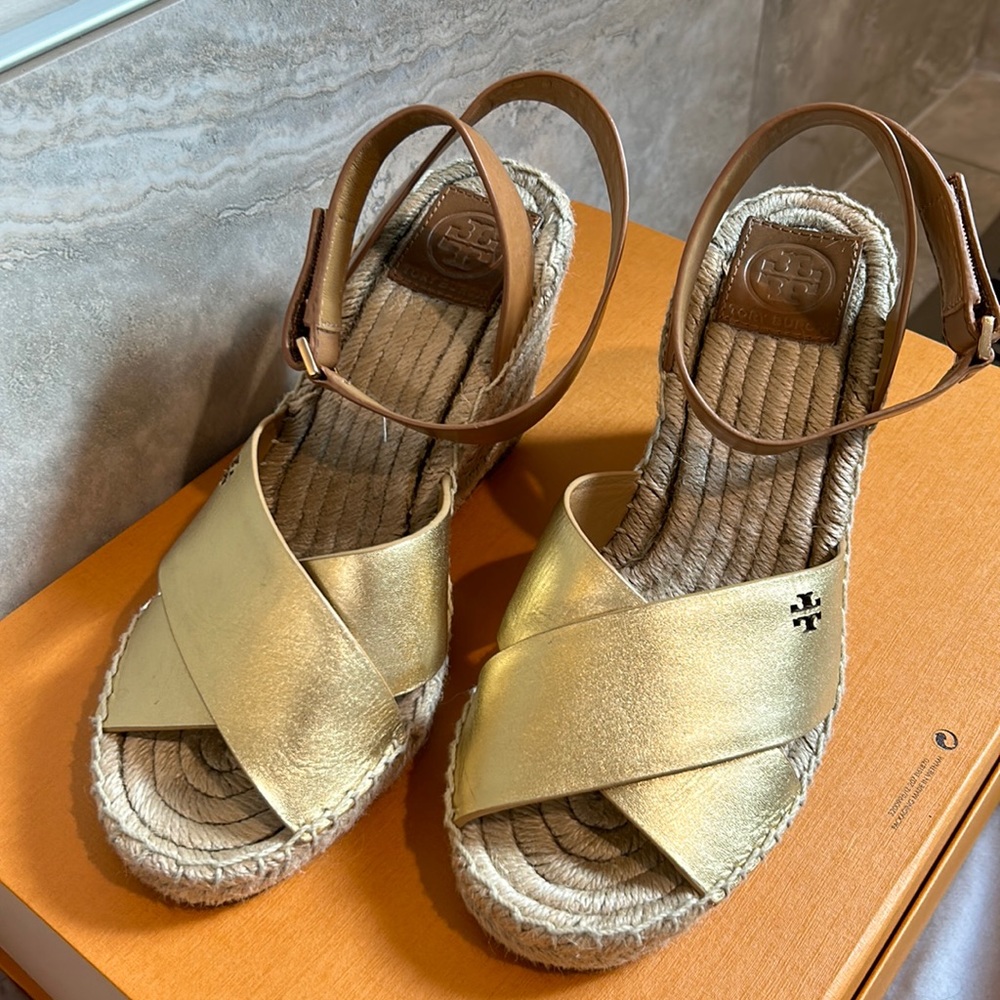 Gold and brown leather Tory Burch wedge sandals